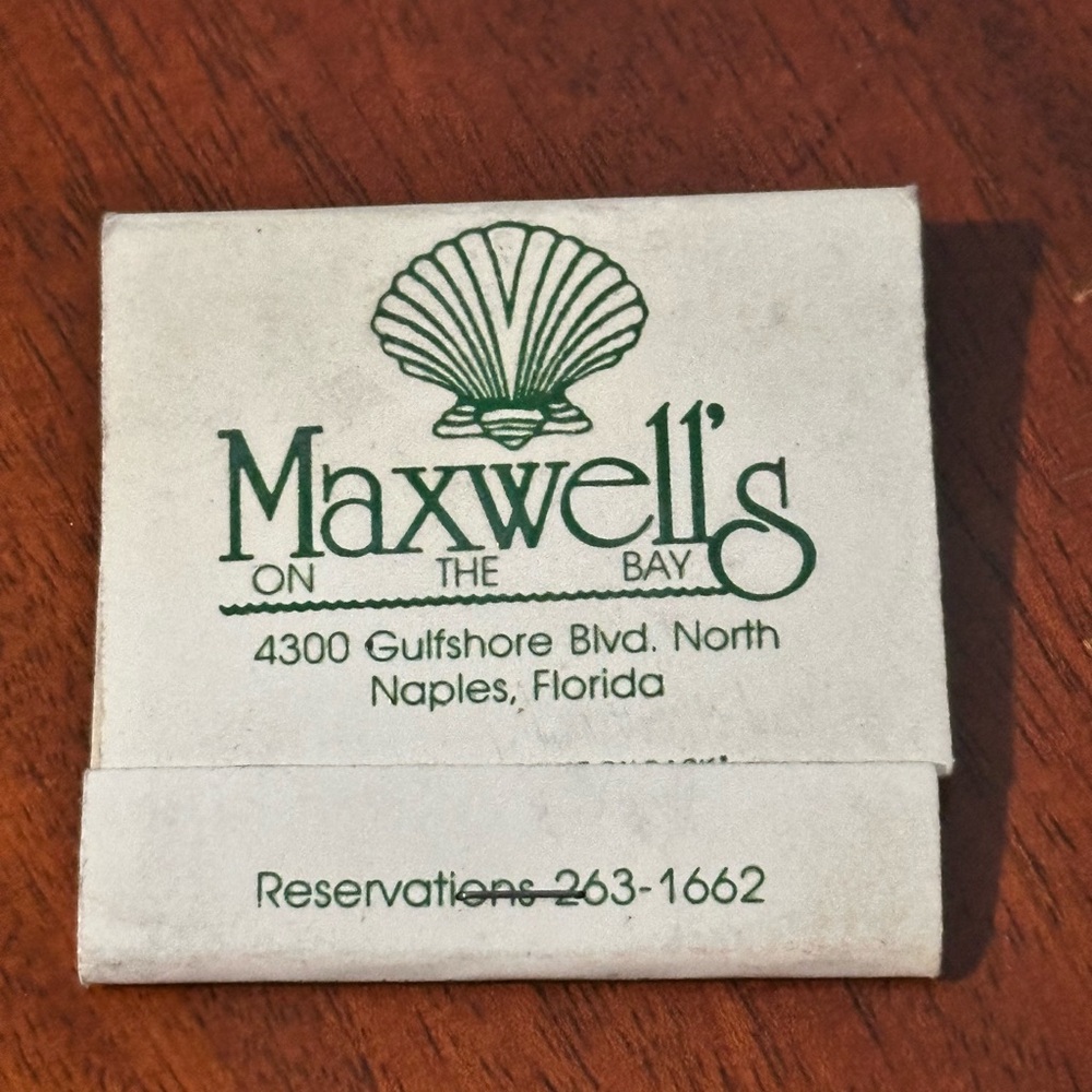 Vintage Matchbook Maxwells on the Bay Seafood Dining Venetian Bay Naples Florida